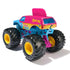 Blue and pink Monster Jam Ringling Bailey Circuit toy truck with glossy plastic texture, oversized black treaded tires and yellow hubs, shown from rear angle on clean white background.