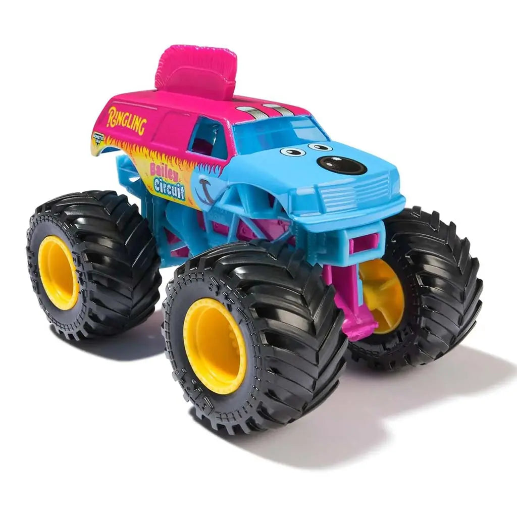 Monster Jam toy truck, bright blue plastic body with smooth texture, large black rubber tires and yellow hubs, playful character face, set against plain white studio background for product display.