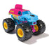 Monster Jam toy truck, bright blue plastic body with smooth texture, large black rubber tires and yellow hubs, playful character face, set against plain white studio background for product display.