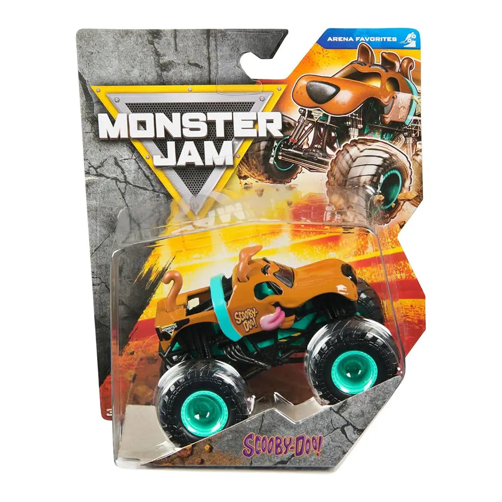 Front packaging of Monster Jam Scooby-Doo toy truck with Arena Favorites branding, fiery background graphics, and clear display case showcasing dog-themed truck with teal rims.