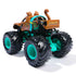 Monster Jam Scooby-Doo toy truck rear angled view with brown dog-themed body, teal chassis, oversized black tires, teal rims, and playful tail and ears sculpted for character design.