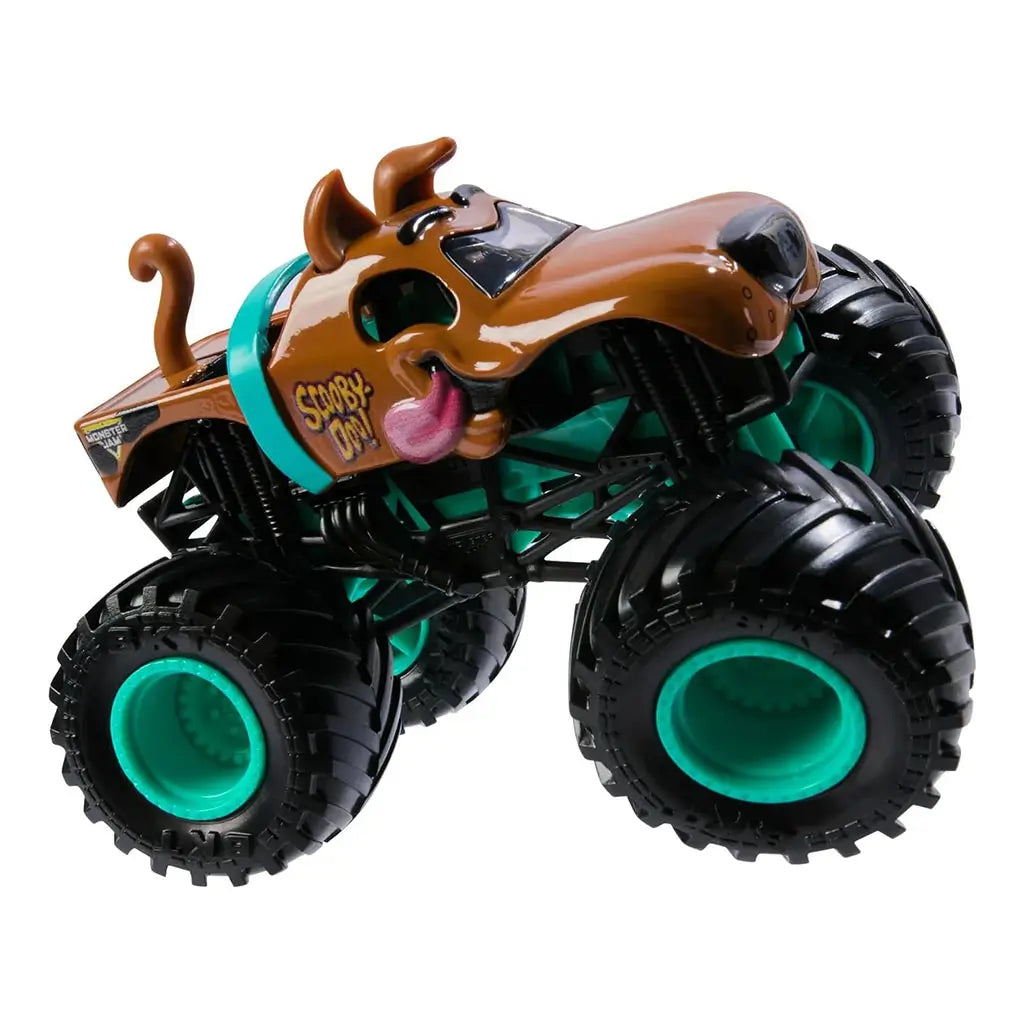 Side view of Monster Jam Scooby-Doo toy truck in brown with sculpted dog face details, tongue decal, black treaded tires, teal accents, and oversized wheels designed for kids’ play.
