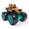 Monster Jam Scooby-Doo toy truck front view with sculpted snout, dog ears, tongue detail, teal chassis, oversized treaded tires, and teal hubs styled for fans and collectible display.