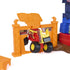Monster Jam playset showing an orange plastic launcher gate with scoreboard details, textured panels, and a red and yellow monster truck positioned to burst through during smash-and-bash stunt play.