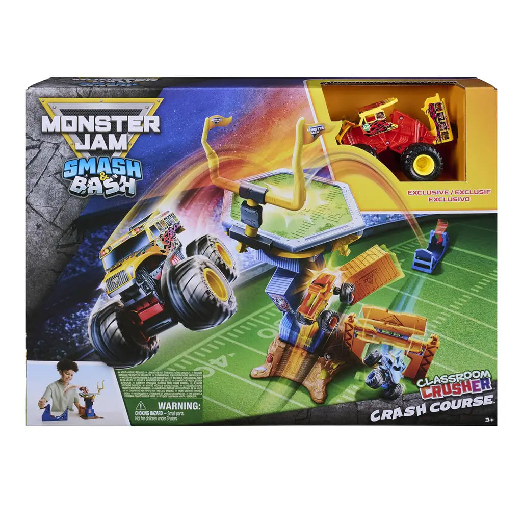Monster Jam Smash & Bash Classroom Crasher Course playset box showing colorful play components, exclusive monster truck, illustrated stunt action, and classroom-themed obstacles on bold retail packaging.
