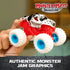 Monster Jam Monster Mutt Dalmatian toy truck red plastic frame with white and black spotted dog body and blue wheels held in hand, highlighting authentic graphics and detailed design in indoor setting