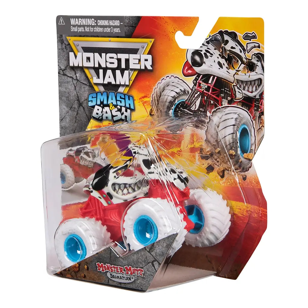 Monster Jam Smash Bash Monster Mutt Dalmatian toy truck packaging featuring red, white, and black plastic truck with blue wheels in a clear blister on a cardboard backing with bold graphics on a white background