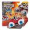Monster Jam Smash Bash Monster Mutt Dalmatian toy truck packaging showing red truck with white spotted dog design and blue wheels in clear plastic blister on illustrated cardboard backing