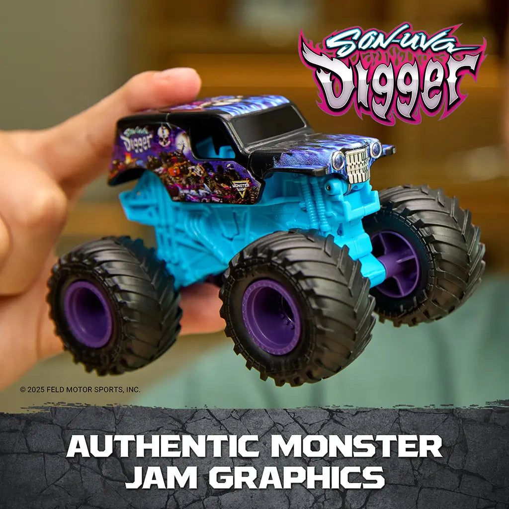 Monster Jam Son Uva Digger toy truck in teal blue plastic with black body and purple wheels, detailed monster truck shape with graphic decals, held in hand highlighting design in an indoor setting.