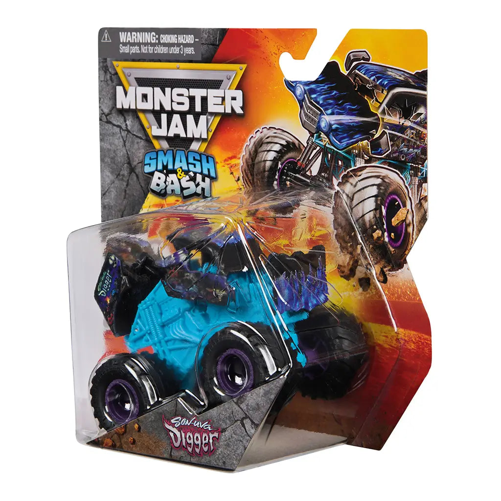 Monster Jam Son Uva Digger toy truck in teal blue plastic with black and purple details, compact monster truck shape in blister packaging, displayed on Smash & Bash branded retail card background.