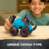 Monster Jam Son Uva Digger toy truck in teal blue plastic with black and purple details, rugged monster truck form with movable parts, shown bent in crash position on a tabletop indoor background.