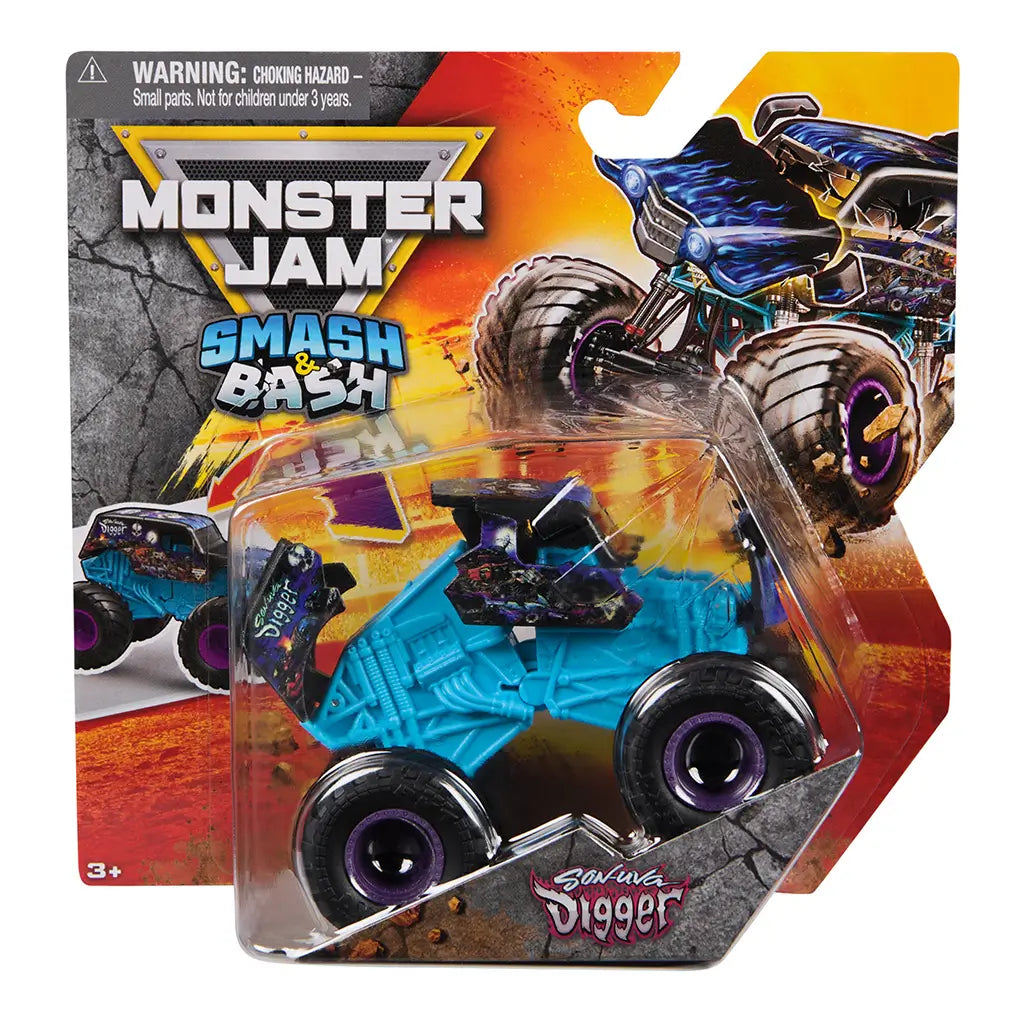 Monster Jam Son Uva Digger toy truck in teal blue plastic with black body and purple wheels, rugged oversized monster truck shape in retail packaging, displayed on branded Smash & Bash card backing.
