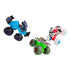 Monster Jam Smash Bash toy trucks in blue, green, and white plastic with varied themed graphics, compact monster truck shapes with large tires, displayed together on a clean white background.