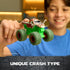 Monster Jam Zombie toy truck in green plastic with gray and red zombie details, flexible monster truck form with detachable crash parts, shown held by a child demonstrating unique crash feature indoors.