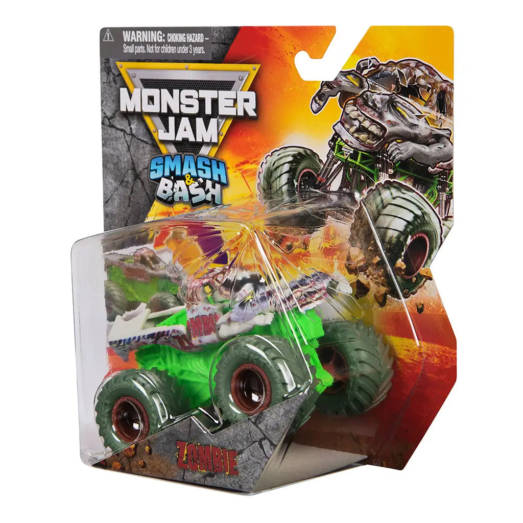 Monster Jam Zombie toy truck in green plastic with gray and red zombie-themed body, rugged monster truck shape in clear blister packaging, displayed on Smash & Bash branded retail card background.