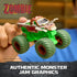 Monster Jam Zombie toy truck in green plastic with gray decayed body and red accents, detailed monster truck shape with zombie graphics, held in hand highlighting themed design indoors.