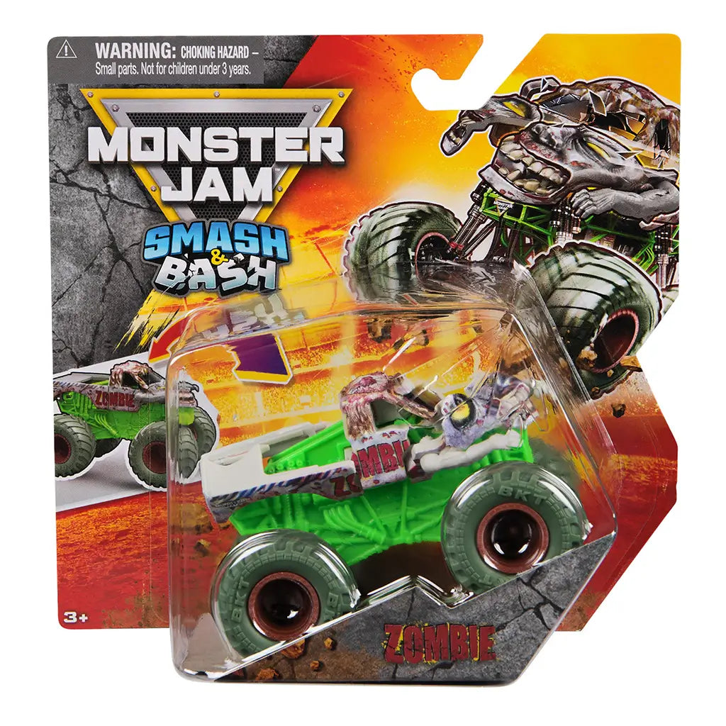 Monster Jam Zombie toy truck in green plastic with gray decayed body and red accents, rugged monster truck form with large textured tires, displayed in Smash & Bash retail packaging background.