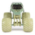 Front view of Monster Jam Soldier Fortune diecast truck features angular armored-style cab, tan camouflage pattern, tinted windows, and oversized beige tires dominating the stance.