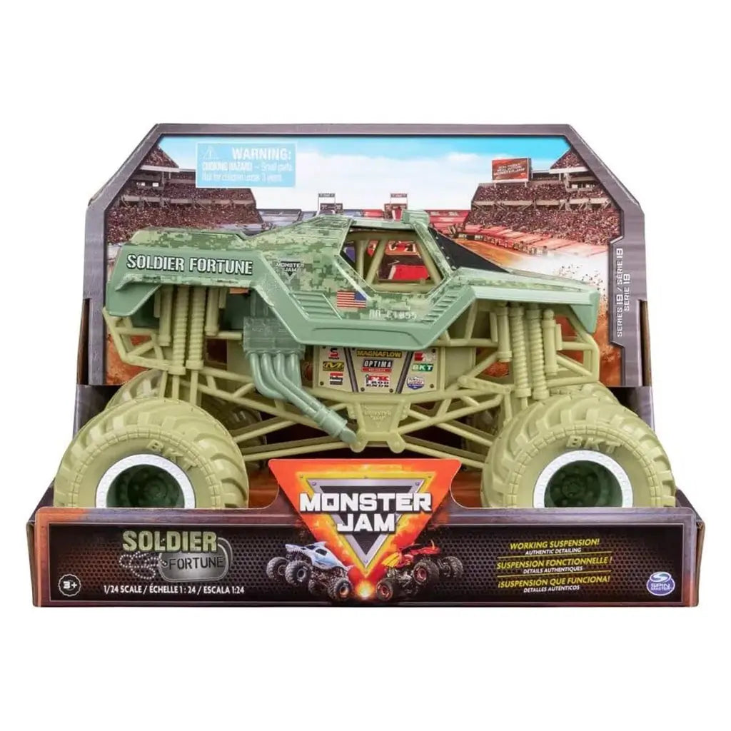 Packaged Monster Jam Soldier Fortune 1:24 scale diecast truck displays military green camo design, heavy-duty suspension, large beige wheels, and stadium box branding with logo.