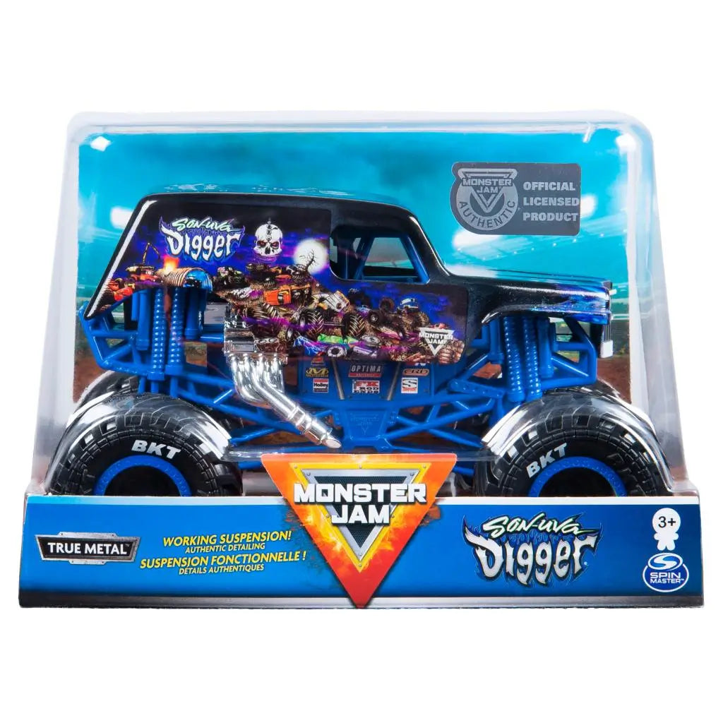 Monster Jam Son-Uva Digger 1:24 scale diecast truck packaging shows the blue-chassis vehicle with black flame-themed body art secured in a clear display box highlighting official branding and metal build.