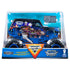 Monster Jam Son-Uva Digger 1:24 scale diecast truck packaging shows the blue-chassis vehicle with black flame-themed body art secured in a clear display box highlighting official branding and metal build.