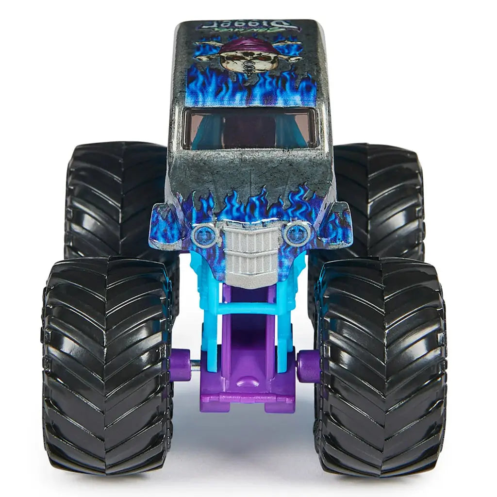Front view of Monster Jam Son-uva Digger 1:64 scale diecast truck, highlighting blue flame graphics, rugged black tires, and bold silver grille with headlights.