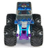 Front view of Monster Jam Son-uva Digger 1:64 scale diecast truck, highlighting blue flame graphics, rugged black tires, and bold silver grille with headlights.