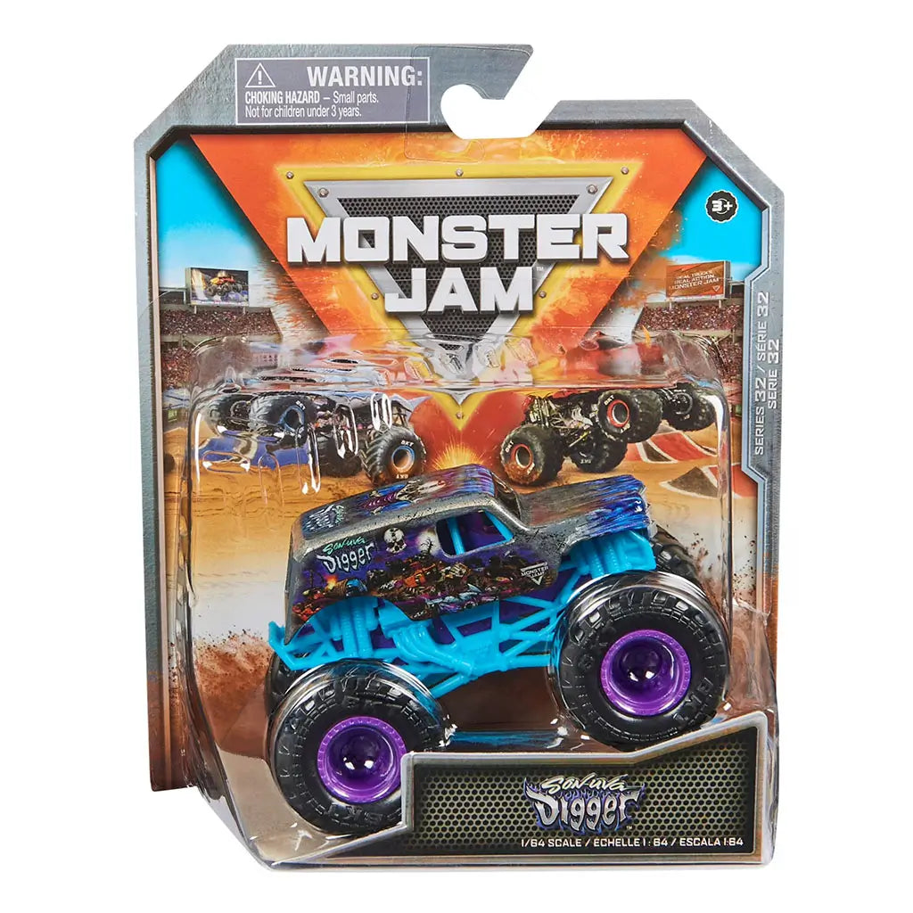 Monster Jam Son-uva Digger 1:64 scale diecast truck packaged in a fiery stadium-themed box, with blue chassis, purple rims, and detailed graphics on the body.