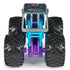Rear view of Monster Jam Son-uva Digger 1:64 scale diecast truck, featuring massive treaded black tires, blue chassis, and silver roof with skull artwork.