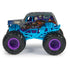 Side view of Monster Jam Son-uva Digger diecast truck at 1:64 scale, featuring blue chassis, purple wheels, and colorful artwork of skulls, flames, and racing scenes.