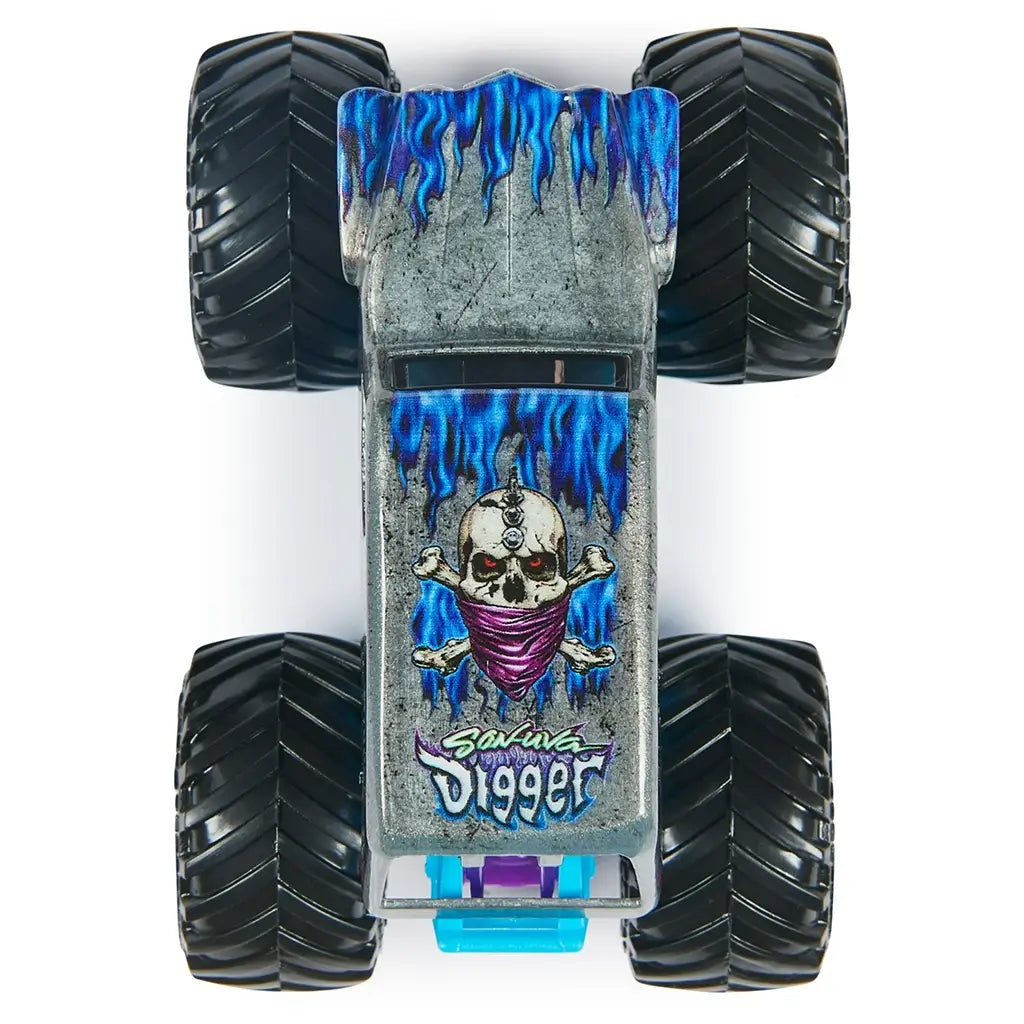 Top view of Monster Jam Son-uva Digger 1:64 scale truck, showing silver roof with blue flames, skull-and-crossbones logo, and Son-uva Digger lettering.