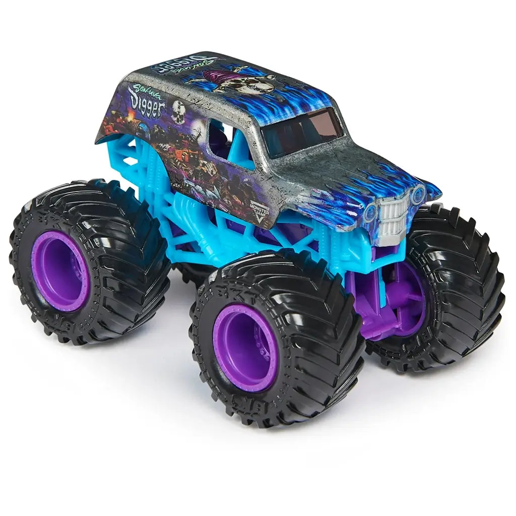 Angled view of Monster Jam Son-uva Digger 1:64 scale diecast truck, with silver roof, detailed body art, blue chassis, purple wheel rims, and oversized black tires.