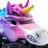 Monster Jam Sparkle Smash Legacy 1:64 scale monster truck close-up of unicorn face featuring golden horn, purple ears, white snout with teeth, and shimmering paint details.