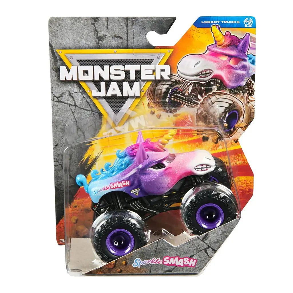 Monster Jam Sparkle Smash Legacy 1:64 scale monster truck packaging front with unicorn-themed toy inside blister pack, bold graphics, and official Monster Jam branding.