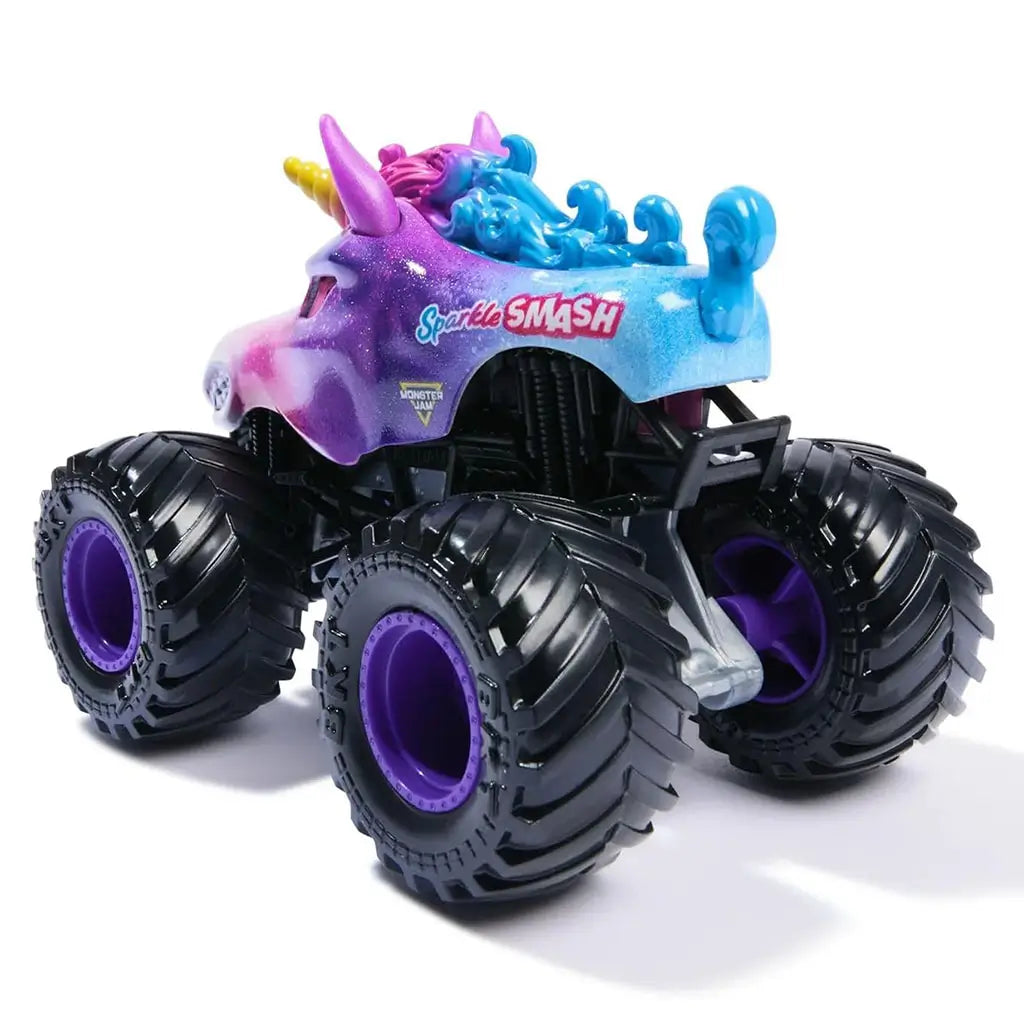 Monster Jam Sparkle Smash Legacy 1:64 scale monster truck rear view showing rainbow mane, glittery purple-pink body, oversized black tires with purple rims, and tail details.