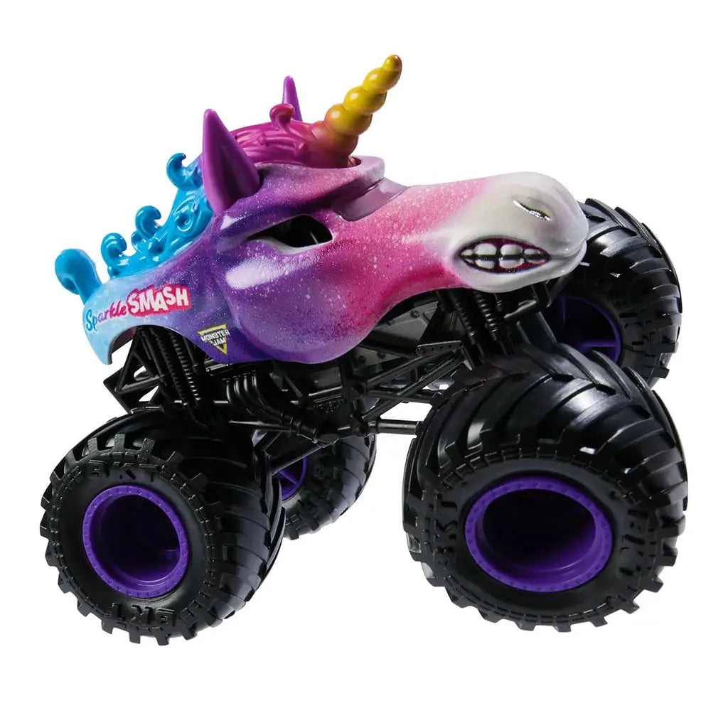 Monster Jam Sparkle Smash Legacy 1:64 scale toy monster truck side angled action pose with unicorn body design, glittery finish, and oversized rugged wheels with purple rims.
