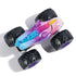 Monster Jam Sparkle Smash Legacy 1:64 scale toy truck top view highlighting unicorn horn, blue mane, sparkling gradient colors, and giant black tires with purple rims.