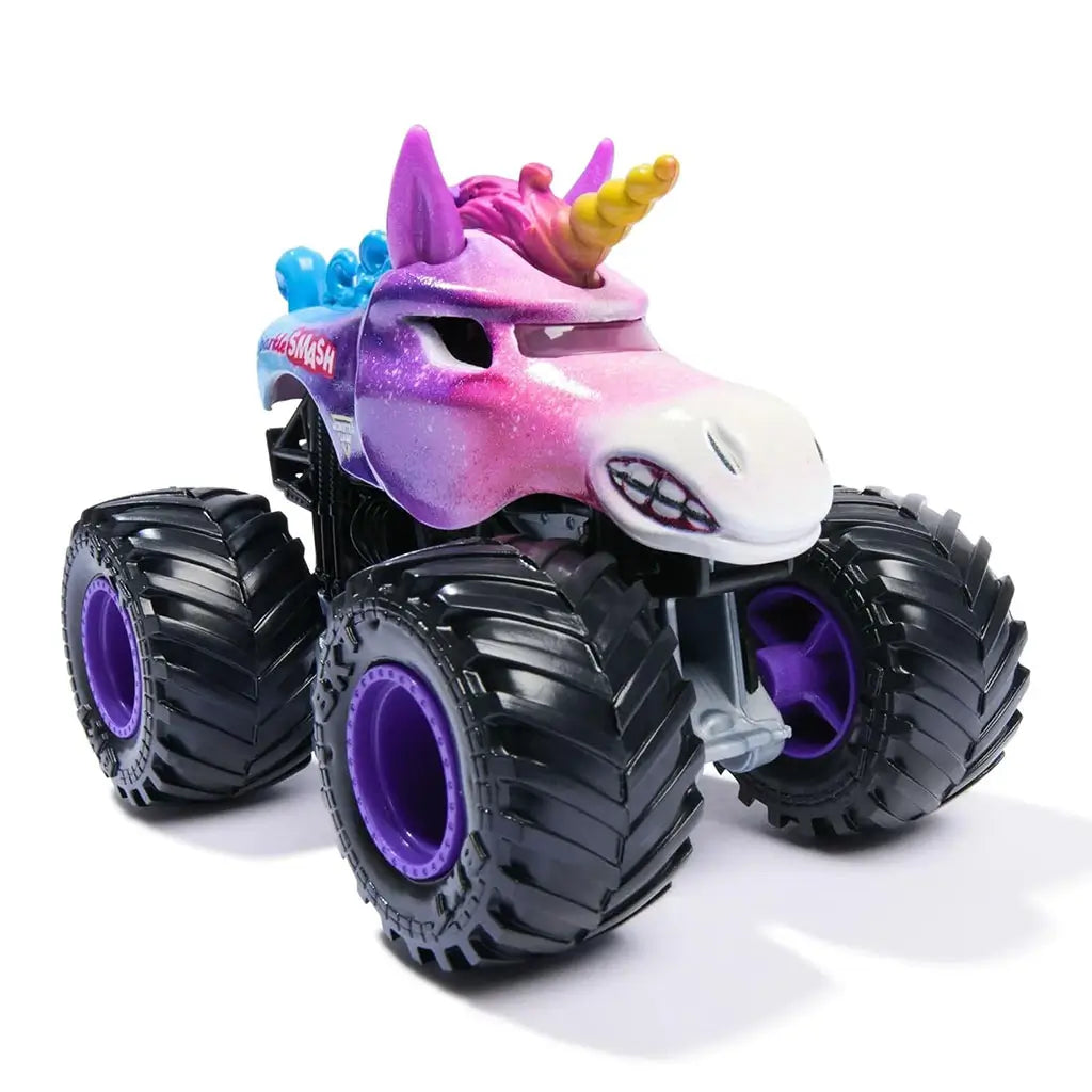 Monster Jam Sparkle Smash Legacy 1:64 scale toy monster truck front angled view with fierce unicorn face, bright colors, giant black tread tires, and purple wheel rims.