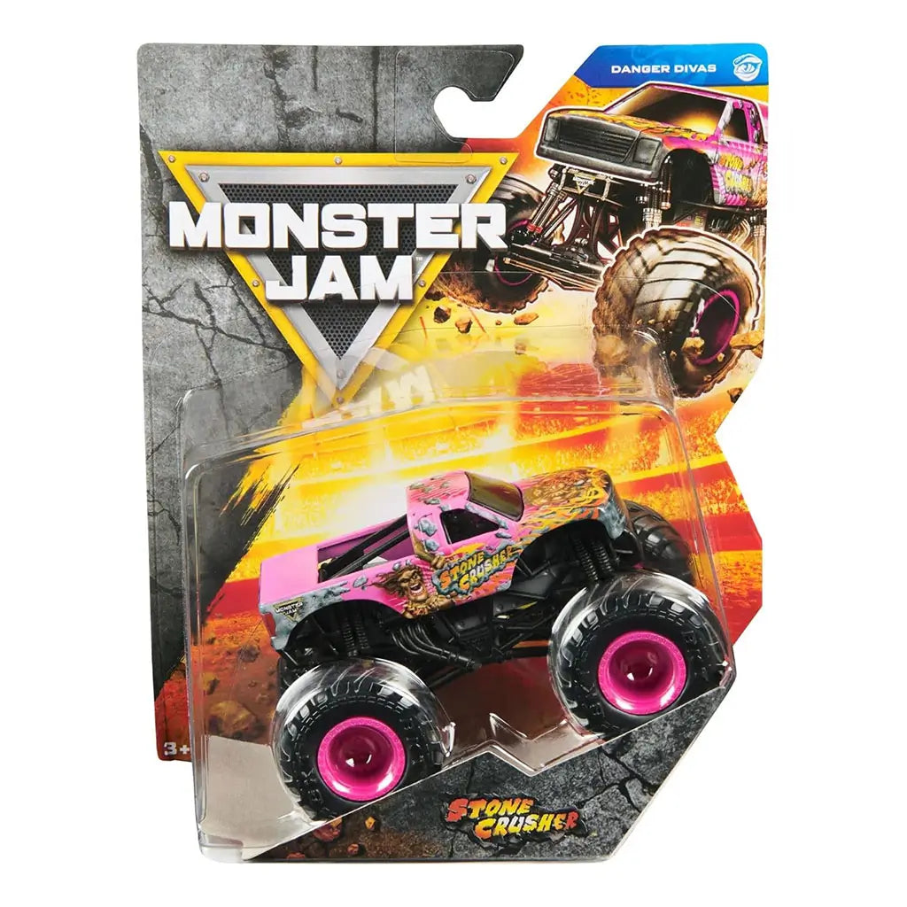 Front packaging of Monster Jam Stone Crusher Danger Divas toy truck with collectible display box, Monster Jam branding, action graphics, and pink truck visible in clear casing.