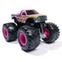 Front angled view of Monster Jam Stone Crusher toy truck in pink with flame graphics, oversized treaded wheels, and bold Stone Crusher branding on sides for collectors and kids’ play.