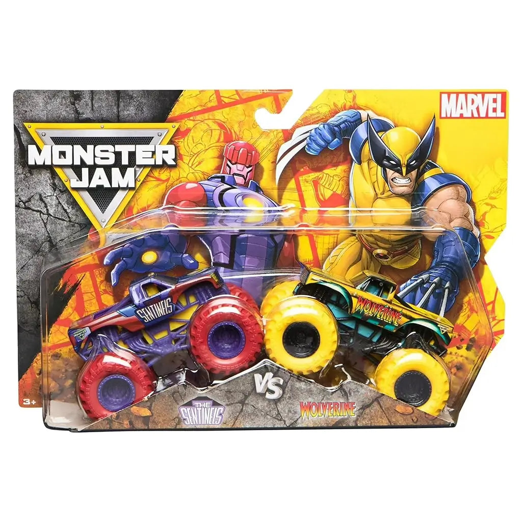 Monster Jam Marvel 2 pack toy trucks in yellow and purple die-cast metal with oversized rubber tires, Wolverine and Sentinels designs, displayed in branded retail packaging on a bright graphic background.