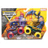 Monster Jam Marvel 2 pack toy trucks in yellow and purple die-cast metal with oversized rubber tires, Wolverine and Sentinels designs, displayed in branded retail packaging on a bright graphic background.