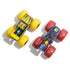 Monster Jam Wolverine and Sentinels trucks top view in yellow and purple painted metal bodies with oversized rubber tires, detailed chassis and graphics, arranged on a clean white background.