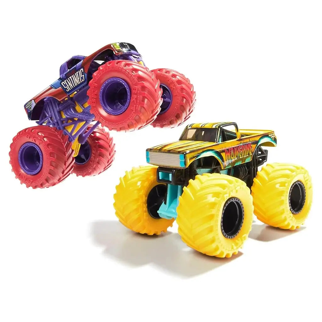 Monster Jam Marvel toy trucks in yellow and purple die-cast metal with oversized rubber tires, Wolverine and Sentinels themes, positioned side by side on a white studio background.
