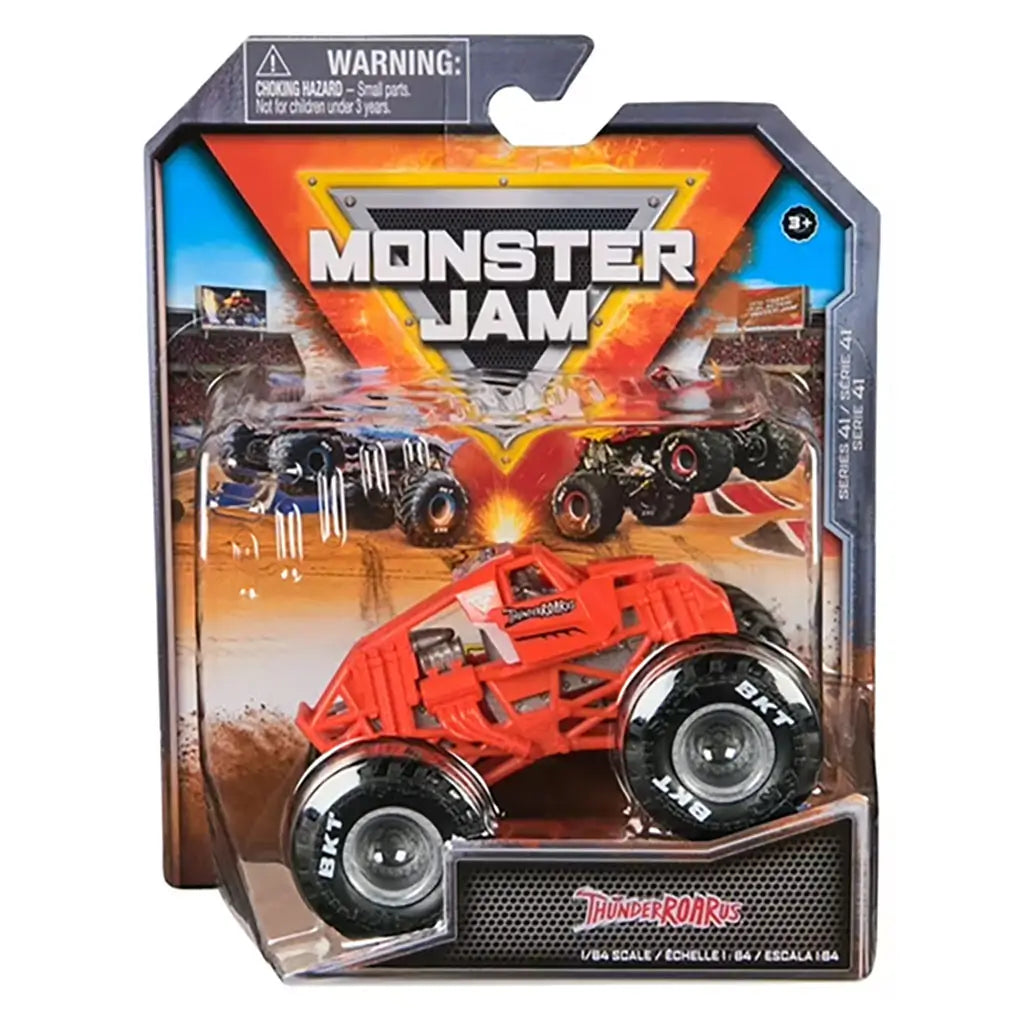 Monster Jam ThunderROARus 1:64 scale diecast truck packaged in stadium-themed box, featuring fiery background and bold Monster Jam branding at the top.