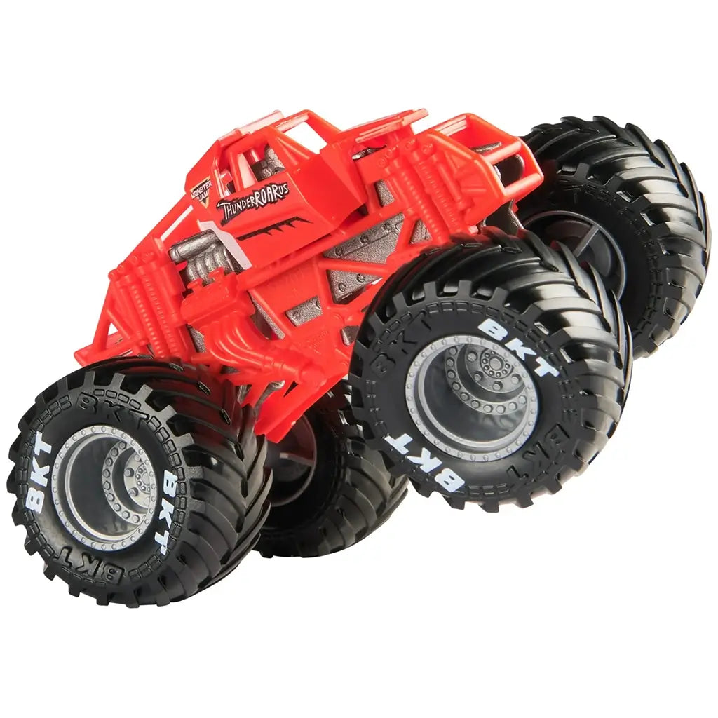 Side view of Monster Jam ThunderROARus 1:64 scale diecast truck in bright red with silver engine details, bold cage design, and oversized black BKT tires.
