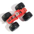 Top view of Monster Jam ThunderROARus 1:64 scale diecast truck showing angular red chassis, exposed silver details, and rugged treaded black wheels.