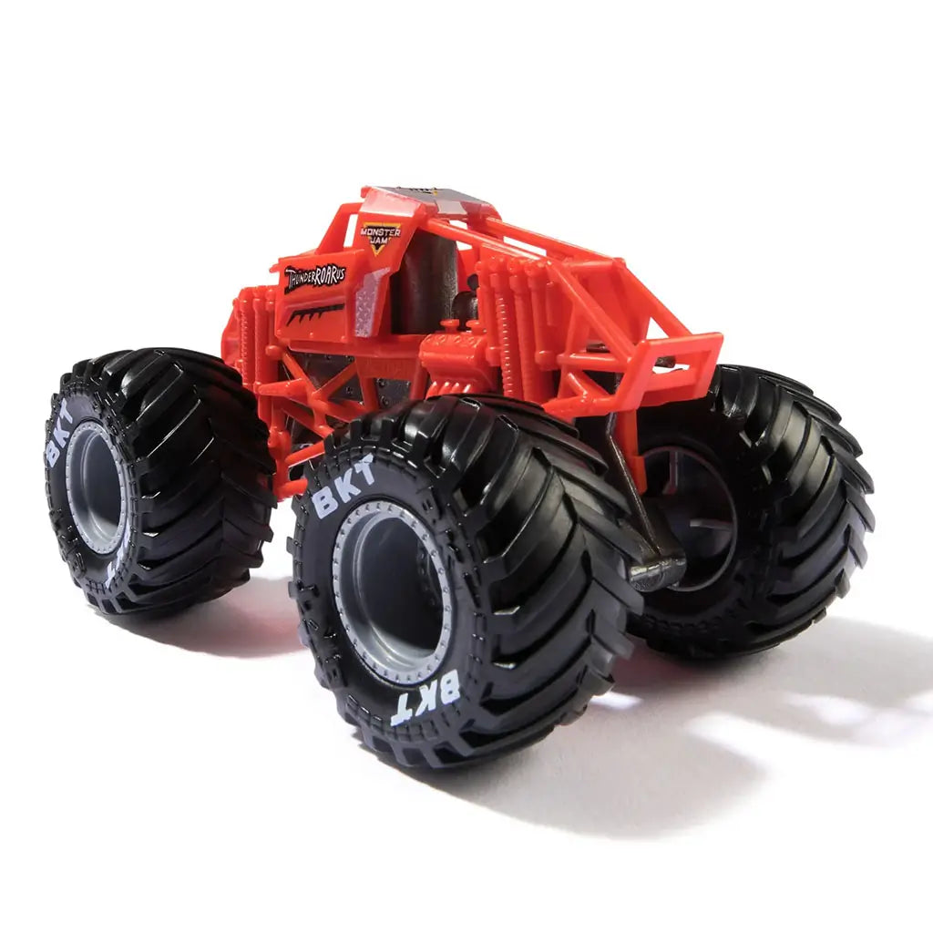 Angled view of Monster Jam ThunderROARus diecast monster truck at 1:64 scale, with red cage frame, oversized black BKT tires, and bold off-road detailing.
