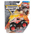 Monster Jam ThunderROARus toy truck in silver and red with scaly metallic texture and bold graphics, sealed in clear blister packaging against a fiery arena backdrop emphasizing its dynamic legacy-truck theme.