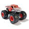 Silver and red Monster Jam ThunderROARus toy truck with metallic textured reptile-themed body, black oversized rubber tires with red hubs, shown on a clean white background for detailed product display.